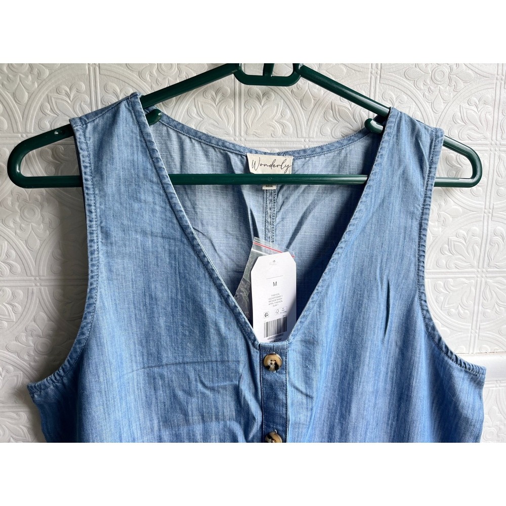 Wonderly‎ Chambray Denim Tunic Sheath Shirt Dress Size M Blue Pockets Womens - Picture 3 of 8